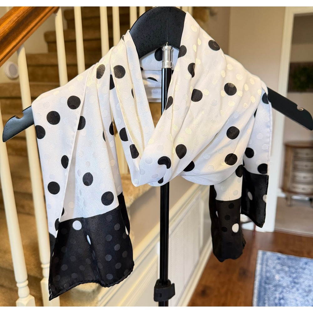 Black and White Polka Dot Oblong Scarf Silky Lightweight Neck Wrap Accessory
